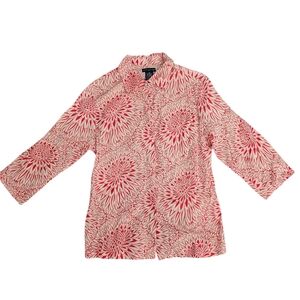 Anthropologie Button Up Top Blouse Medium Red Flowers 3/4 Sleeves Cotton Career